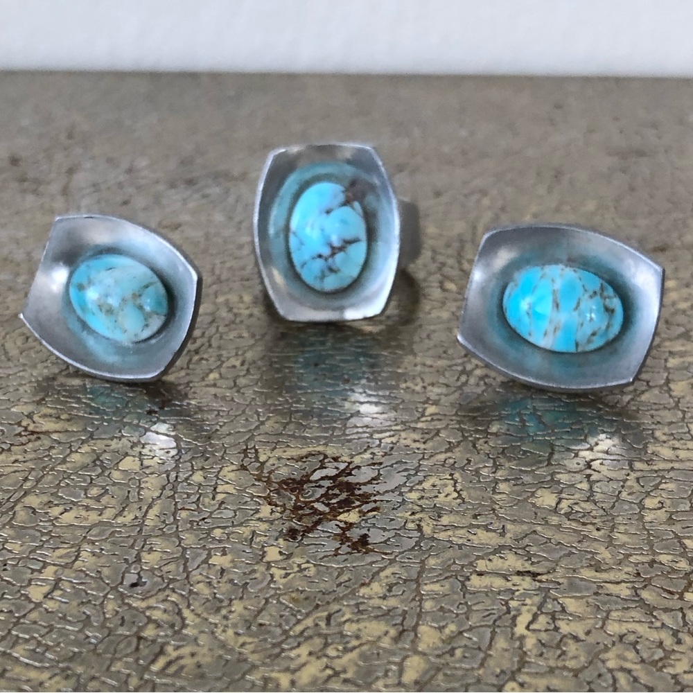 Vintage Denmark Modernist Jorgen Jensen MCM Pewter Ring and Matching Earrings